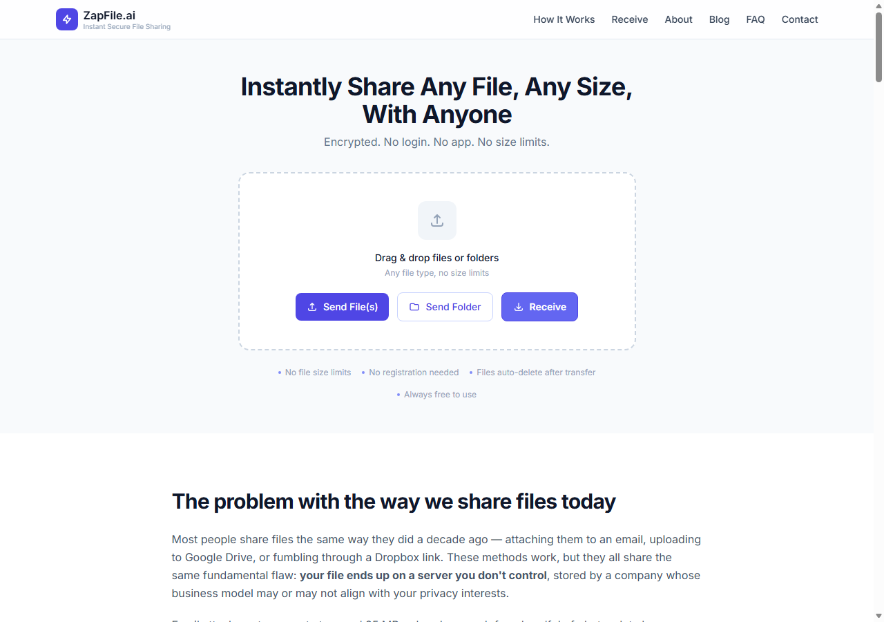 The upload screen — drop any file or folder and a shareable 5-digit code is generated