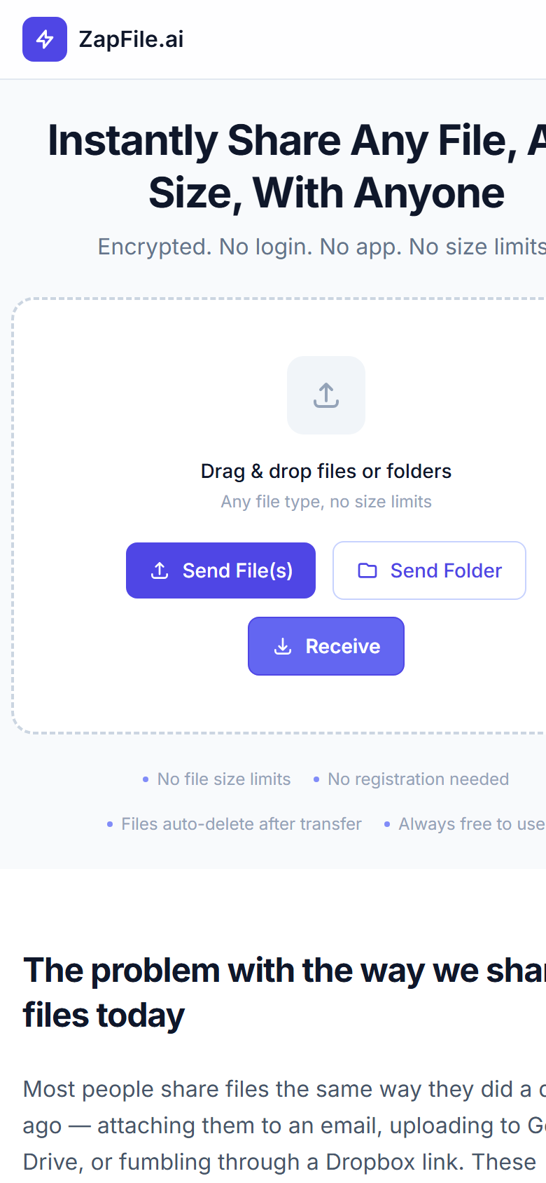 ZapFile homepage in a mobile browser — the same upload flow on a phone