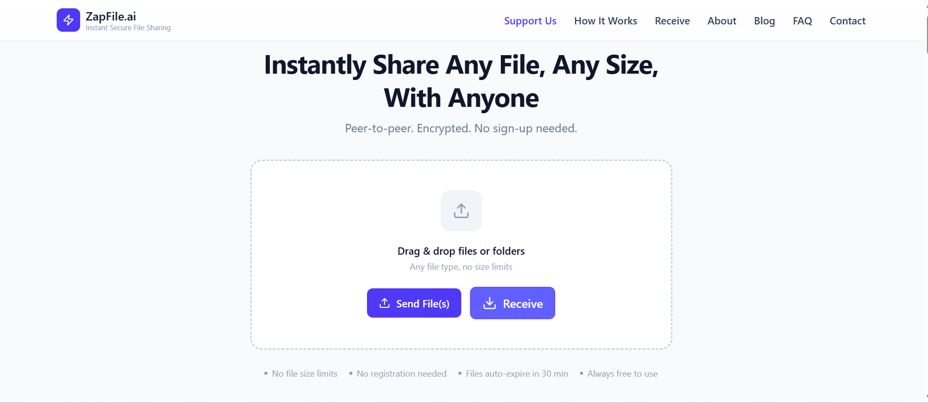 ZapFile browser upload screen — drag and drop any file with no size limit